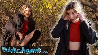 Public Porn Hot blonde is caught pissing in the woods and takes cash for sex with big cock