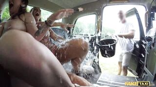 Sex Taxi Real outdoor rough sex threesome with British MILFS