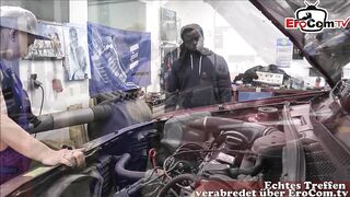 2 German female car mechanics fuck with a black man with a huge cock