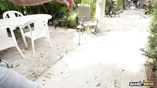 Hot - Busty Ebony Mystique Caresses Her Enhanced Tits By The Pool While Her Stepson Is Watching